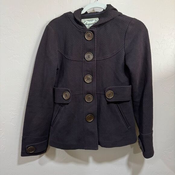Sugarfly Pea Coat Woman’s Jacket Size M With Hood Waffle Knit Dark Purple - Picture 1 of 8